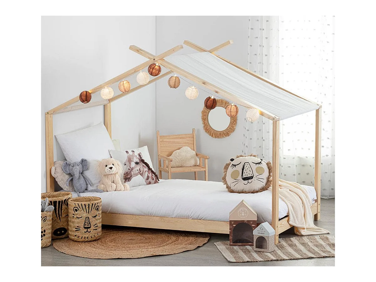 Lit tente enfant en bois coloris naturel - Longueur 195 x Profondeur 98 x Hauteur 145 cm