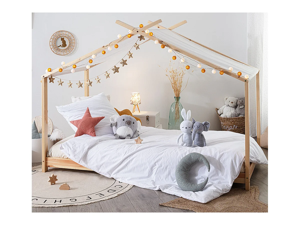 Lit tente enfant en bois coloris naturel - Longueur 195 x Profondeur 98 x Hauteur 145 cm