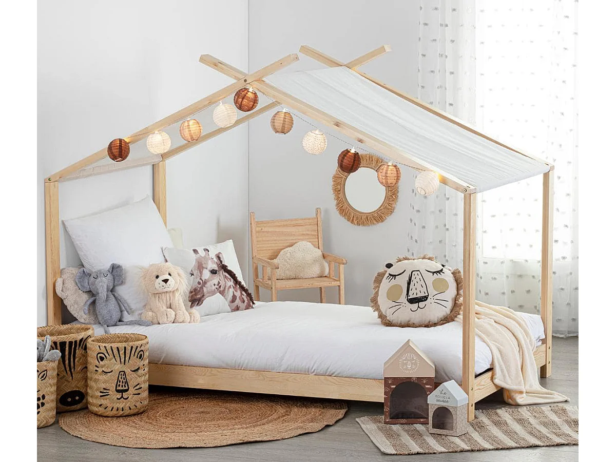 Lit tente enfant en bois coloris naturel - Longueur 195 x Profondeur 98 x Hauteur 145 cm