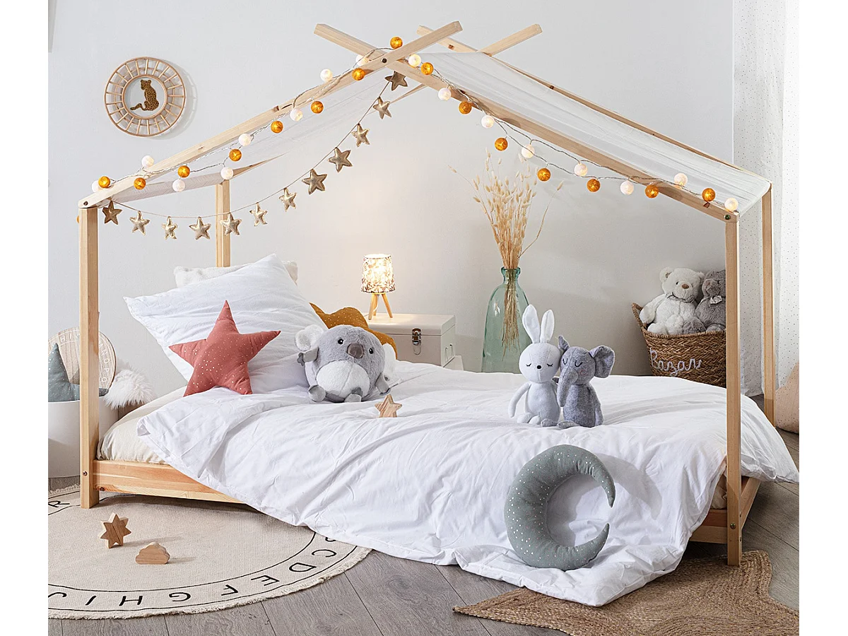 Lit tente enfant en bois coloris naturel - Longueur 195 x Profondeur 98 x Hauteur 145 cm