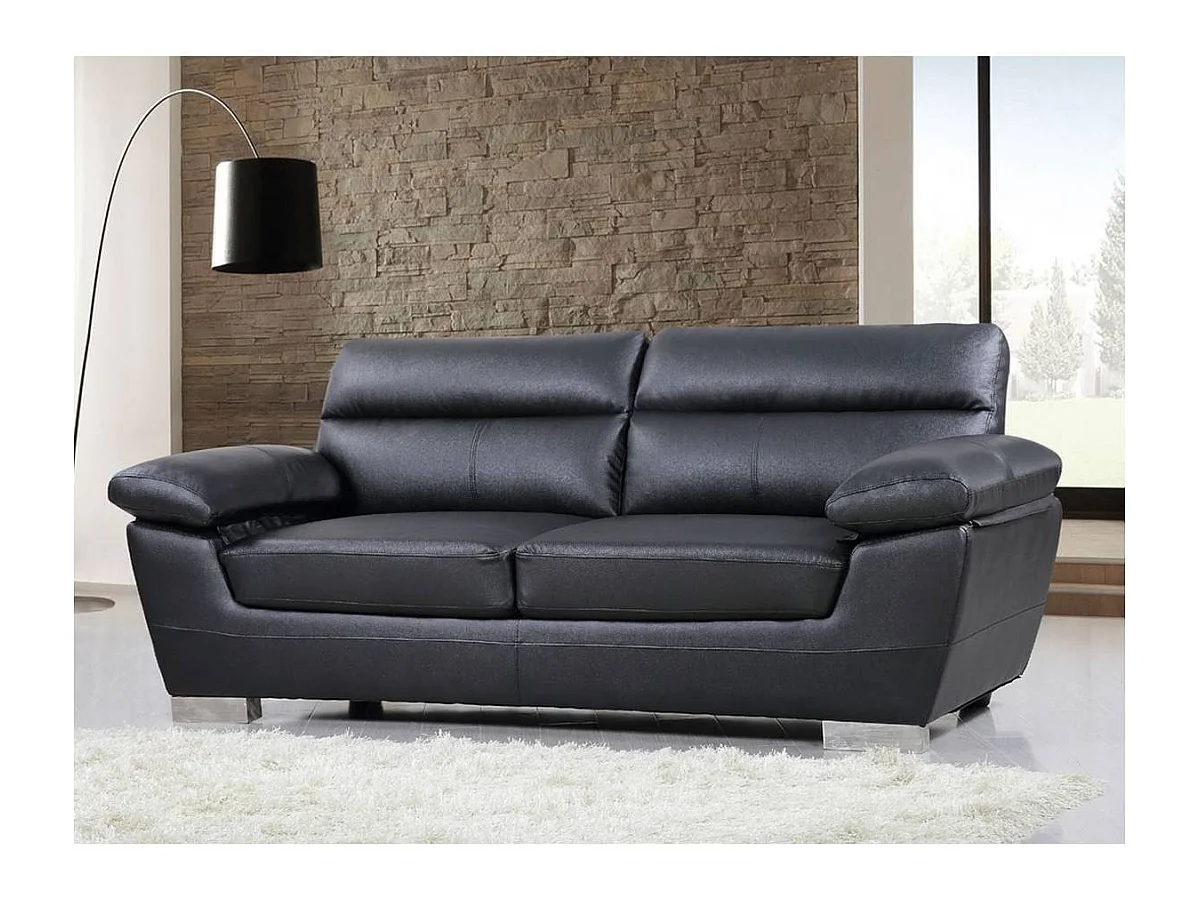 Vaste leren bank "Dallas" in zwart, 3-zits, met hoofdsteunen en zitting van gereconstitueerd leer