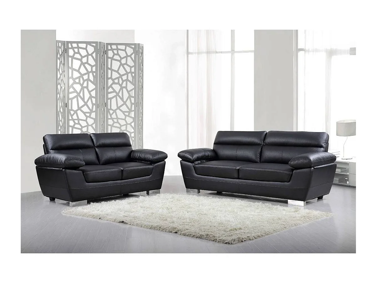 Vaste leren bank "Dallas" in zwart, 3-zits, met hoofdsteunen en zitting van gereconstitueerd leer