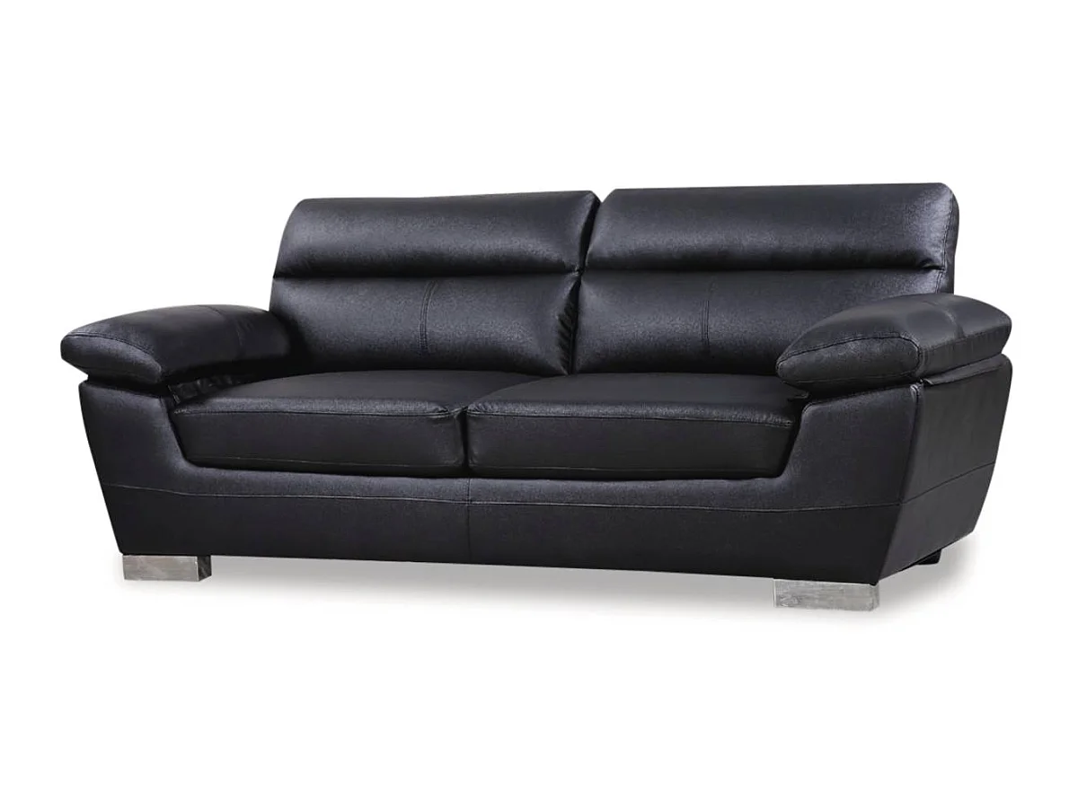 Vaste leren bank "Dallas" in zwart, 3-zits, met hoofdsteunen en zitting van gereconstitueerd leer