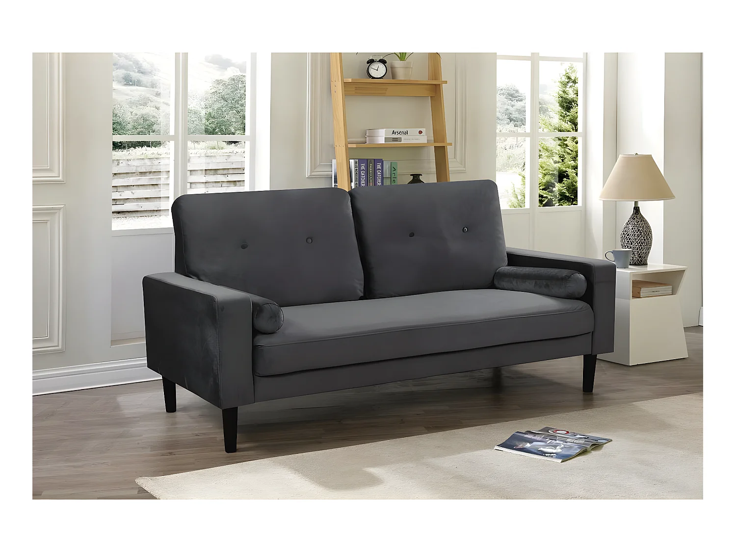 Canapé droit fixe en velours "Monika" - 3 places - Gris