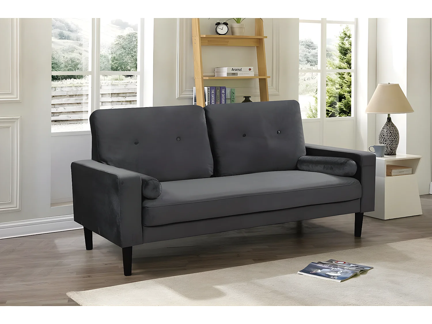 Canapé droit fixe en velours "Monika" - 3 places - Gris