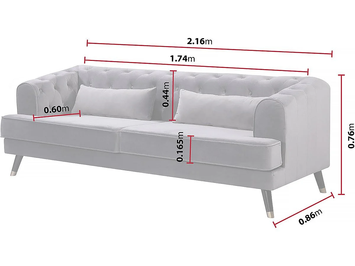 Modern Sammet Soffa "Gloria" - Grå - 3-Sits - 216 x 86 x 76 cm - Avtagbar Sits