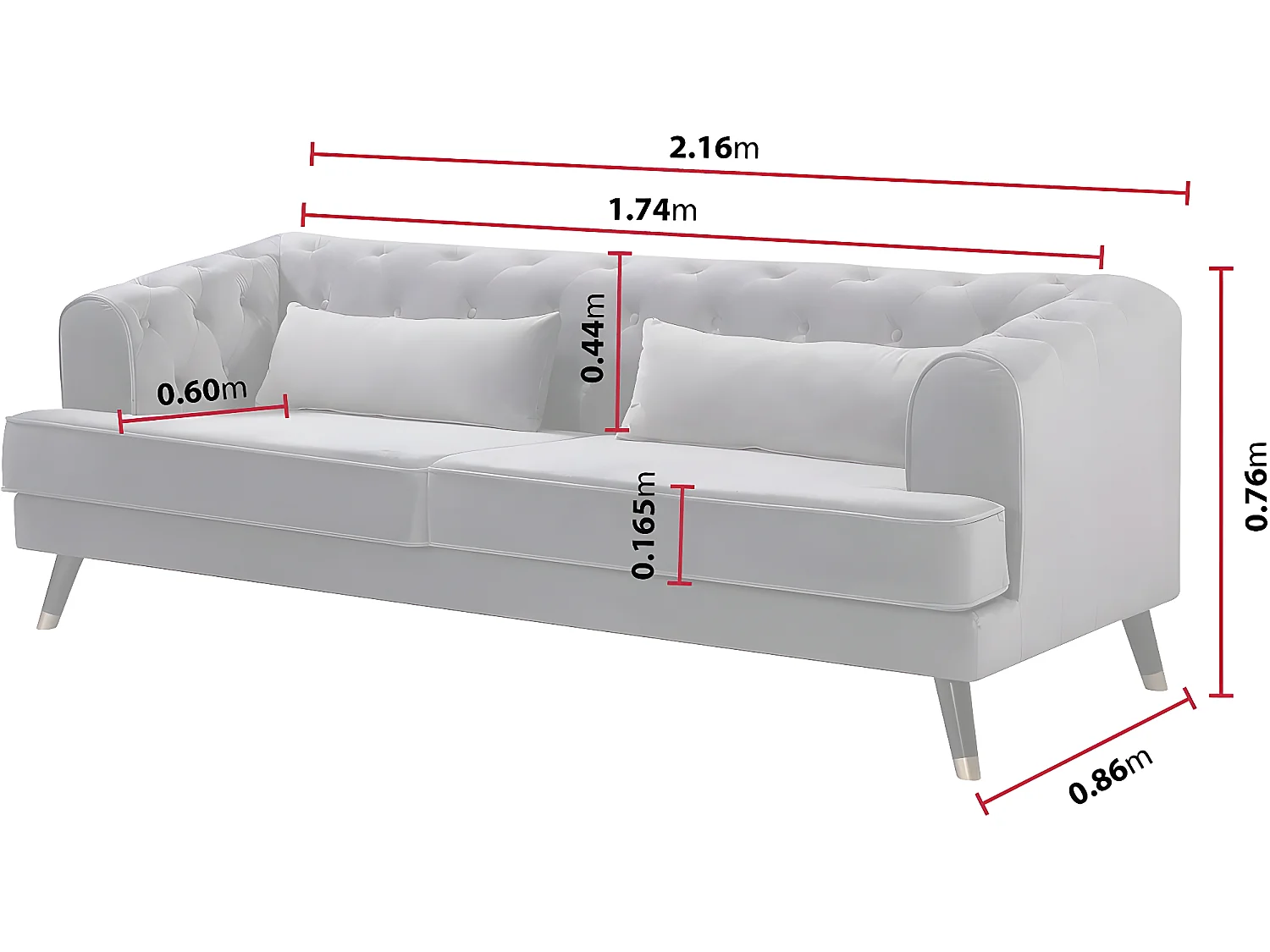 Bank bankstel meubel velours fluweel "Gloria" - 216 x 86 x 76 cm - 3 zits - Grijs