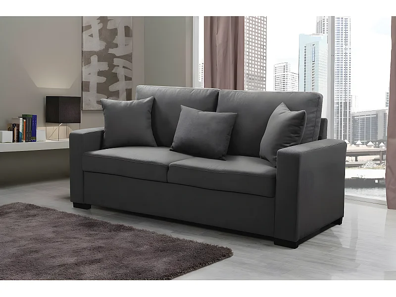 Sofá fixo "Alise" de 3 lugares em linho cinza com assento acolchoado de espuma