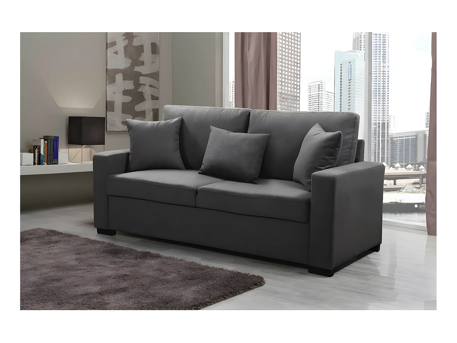 Sofá fixo "Alise" de 3 lugares em linho cinza com assento acolchoado de espuma