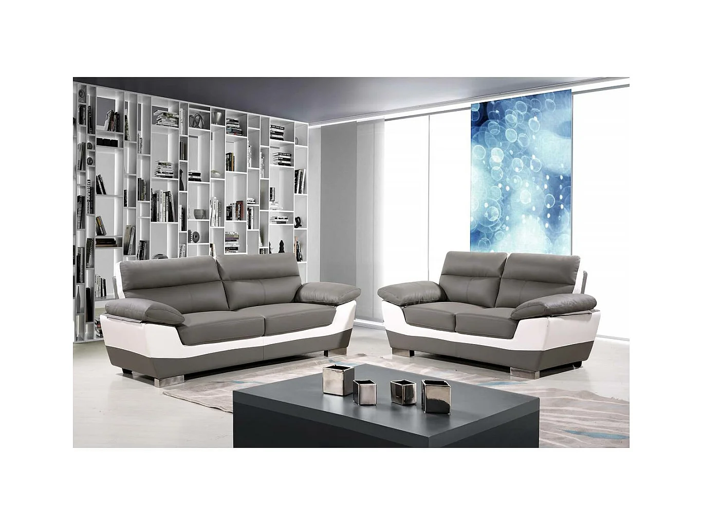 Sofá fixo de couro reconstituído e PVC "Dallas" - 2 lugares - Cinza/Branco