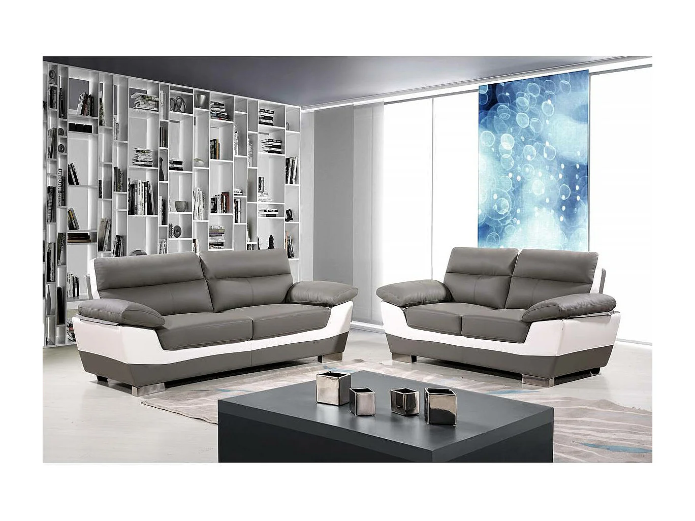 Canapé fixe en cuir reconstitué et PVC " Dallas" - 169 x 88 x 90 cm - 2 places - Gris/Blanc