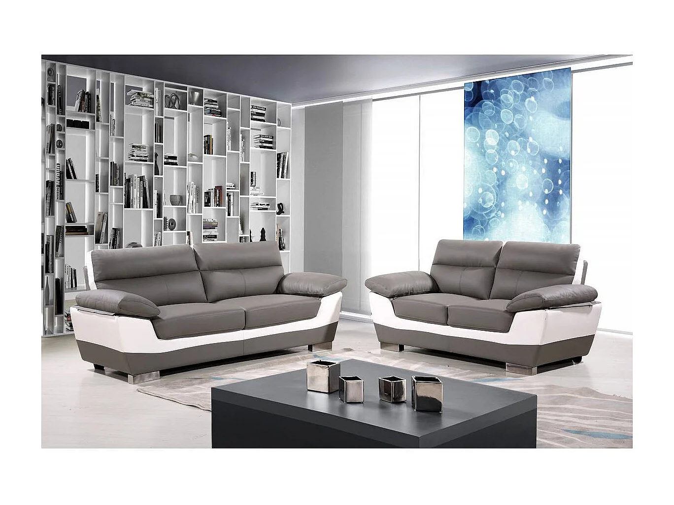 Canapé fixe en cuir reconstitué et PVC " Dallas" - 169 x 88 x 90 cm - 2 places - Gris/Blanc