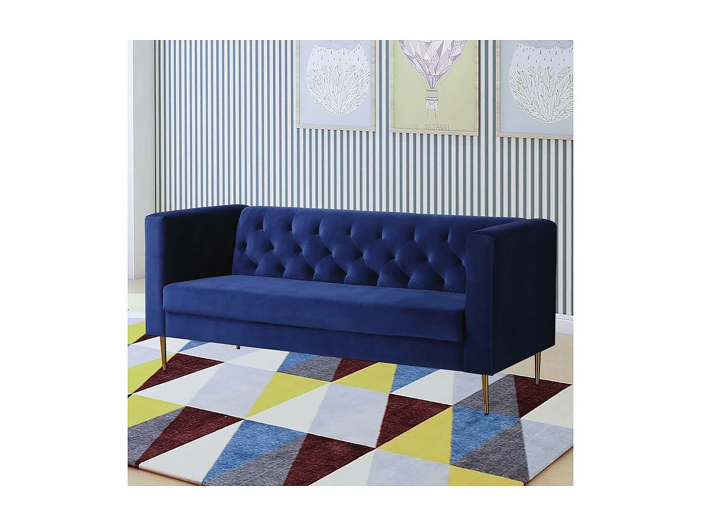 Zitbank bankstel velours "Bruce" - 196 x 76 x 82 cm - 3 zits - Blauw Donkerblauw