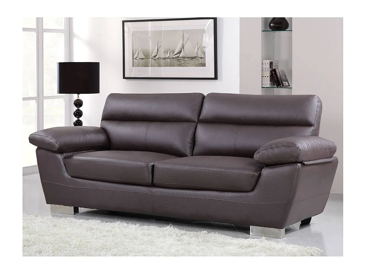 Sofá fixo em couro reconstituído e PVC "Dallas" - 3 lugares - Chocolate