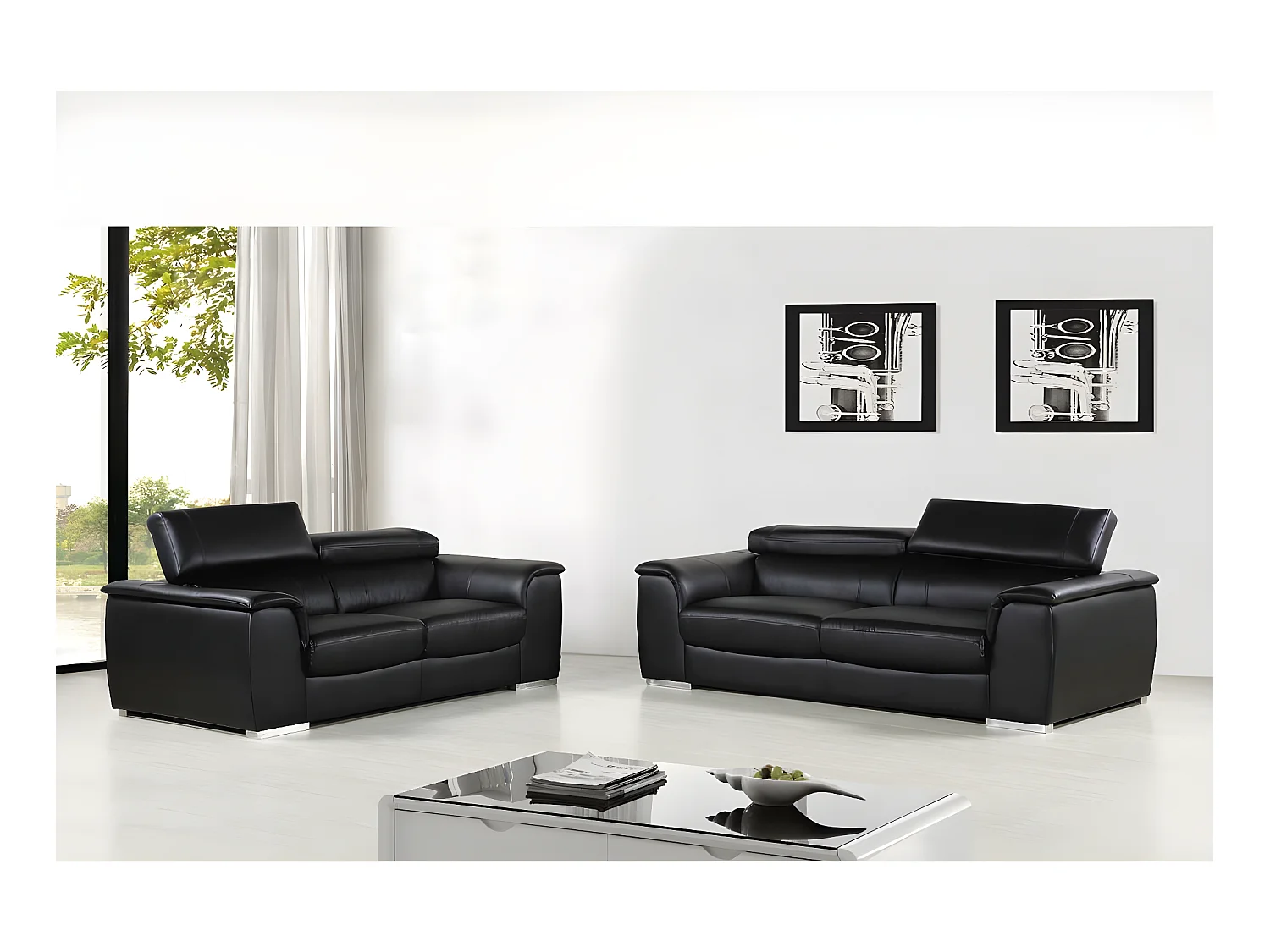 Canapé fixe en cuir reconstitué et PVC "Bari" - 210 x 96 x 72 cm - 3 places - Noir