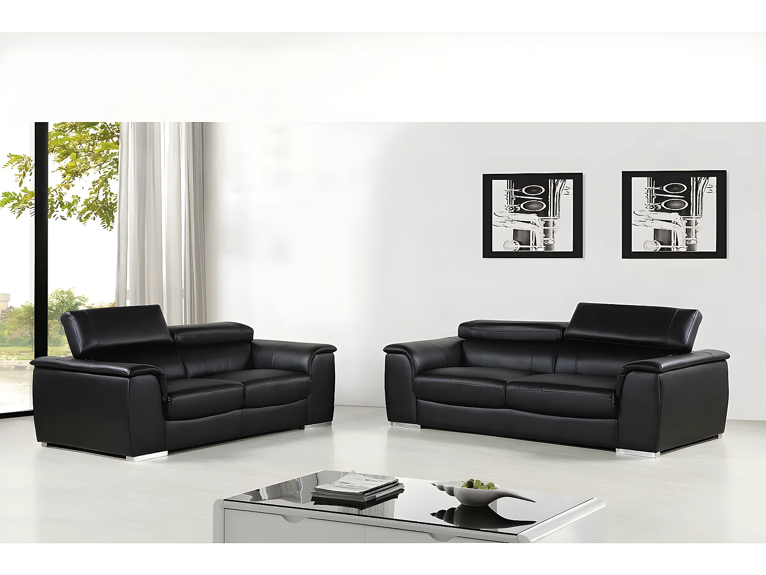 Canapé fixe en cuir reconstitué et PVC "Bari" - 210 x 96 x 72 cm - 3 places - Noir