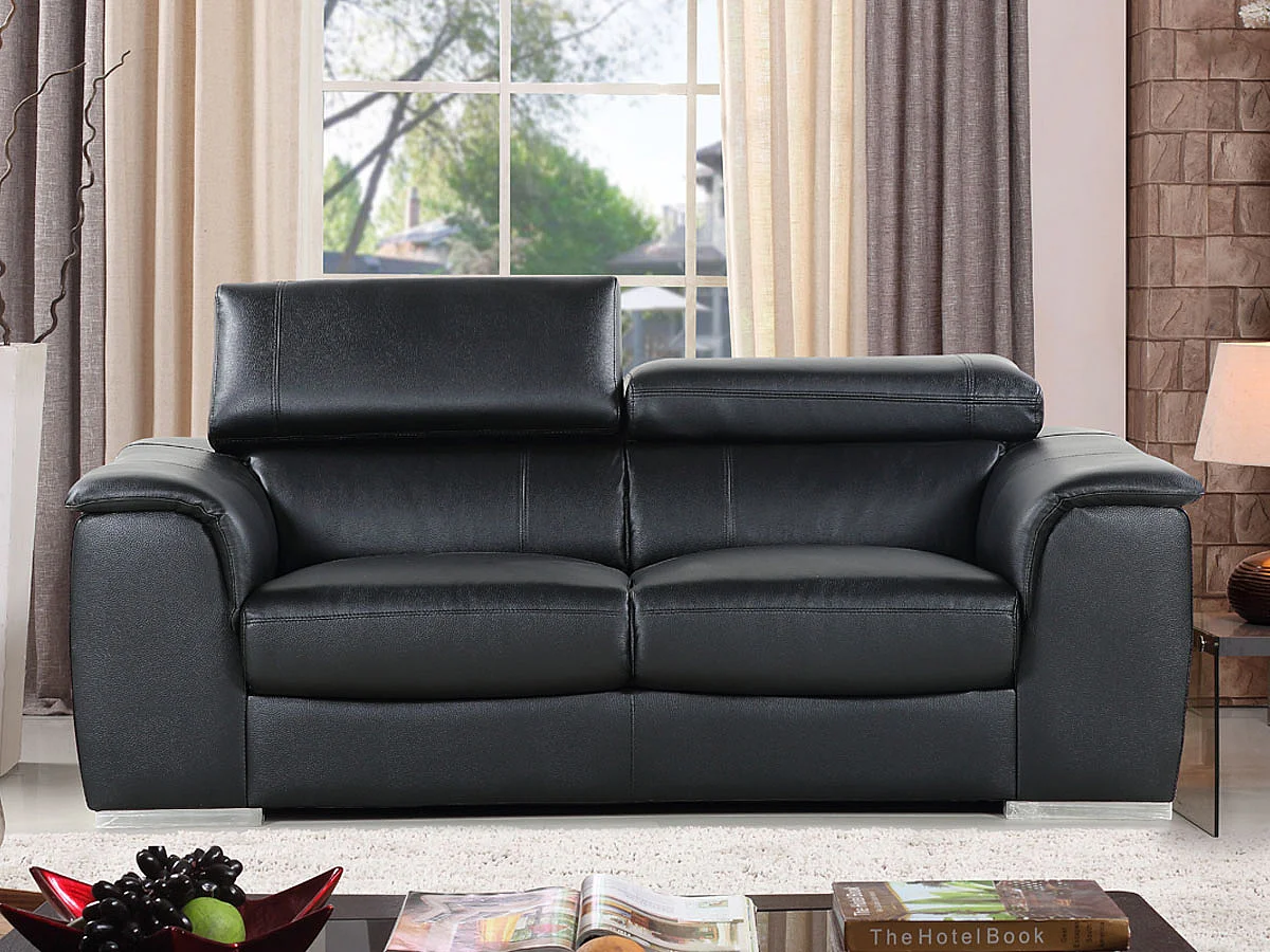 Sofá de 2 lugares "Bari" em couro reconstituído e PVC preto com encostos de cabeça ajustáveis