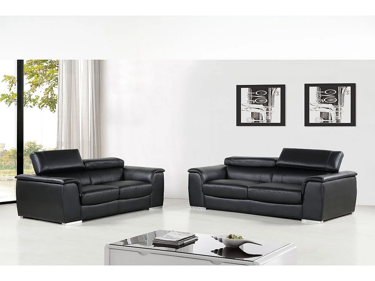Sofá de 2 lugares "Bari" em couro reconstituído e PVC preto com encostos de cabeça ajustáveis
