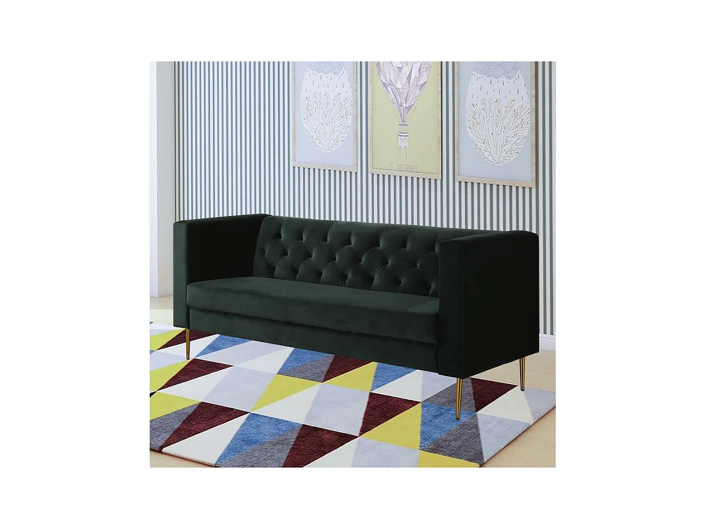 Canapé fixe en velours "Bruce" - 196 x 76 x 82 cm - 3 places - Vert foncé