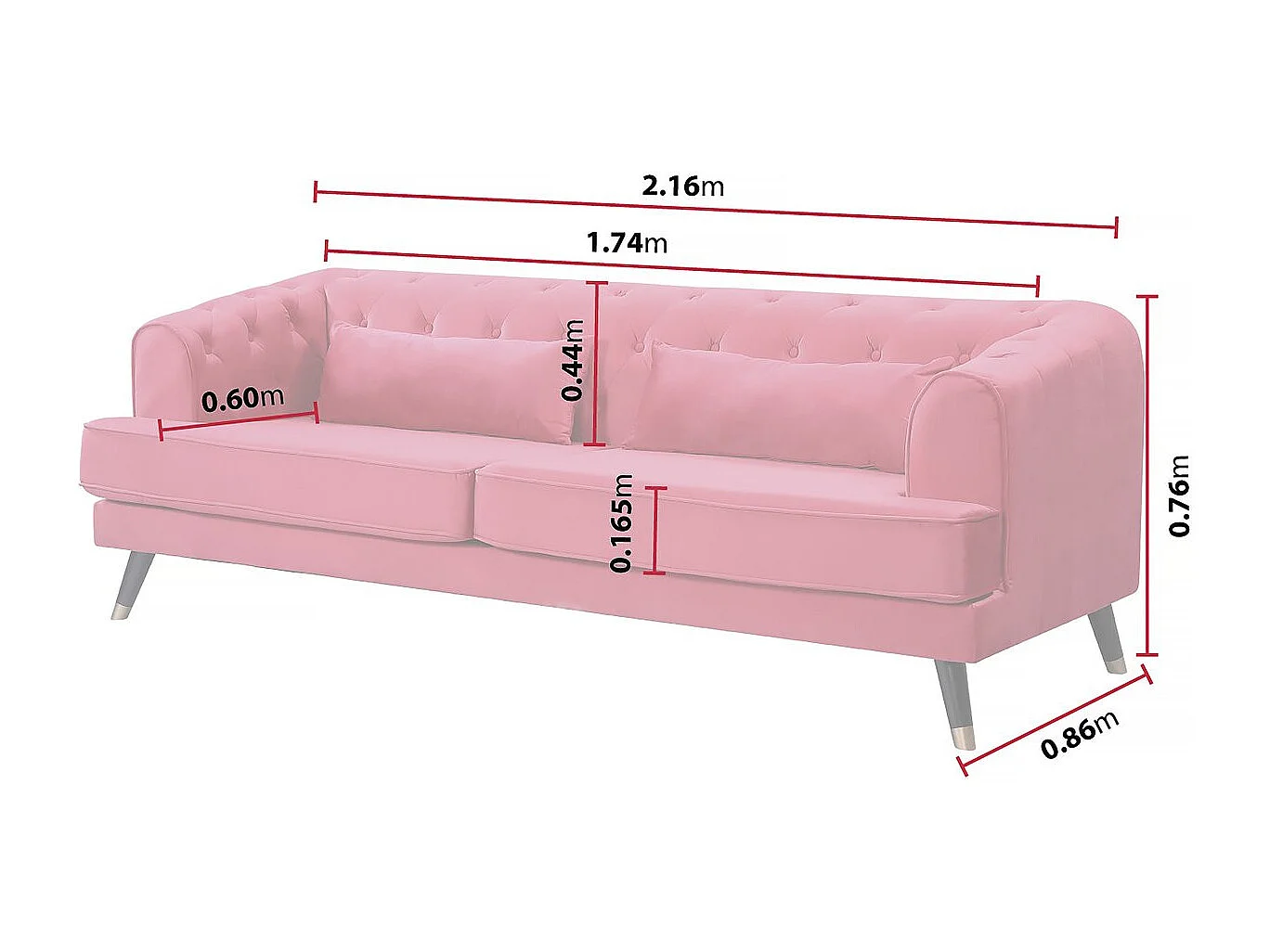 Divano in velluto "Gloria" - 216 x 86 x 76 cm - 3 posti - Rosso