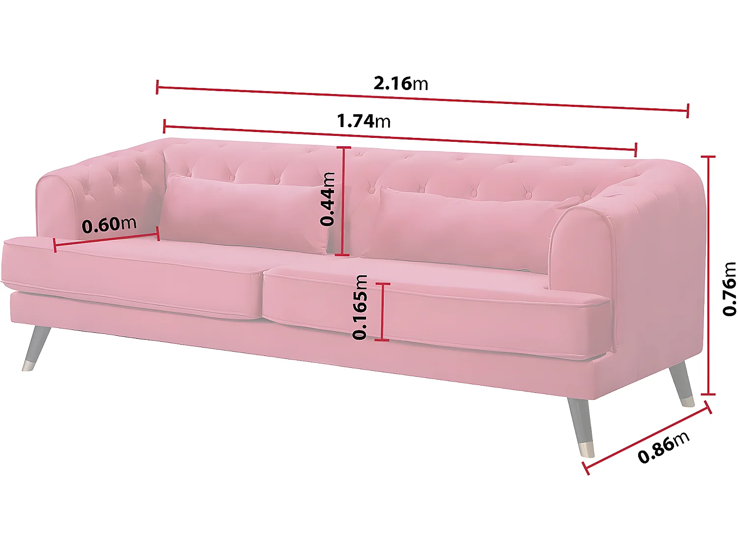 Naprawiono aksamitna sofe "Gloria" - 216 x 86 x 76 cm - 3 miejsca - Czerwona