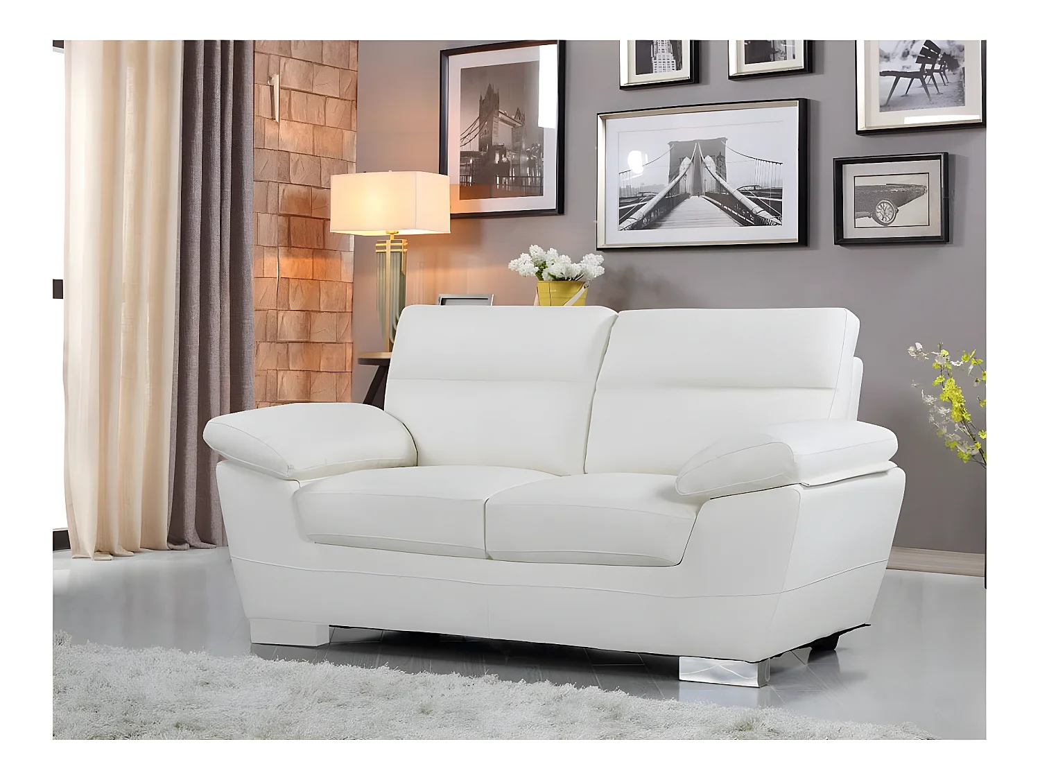 Sofá fixo em couro reconstituído e PVC "Dallas" - Branco, 2 lugares, confortável com apoios de cabeça