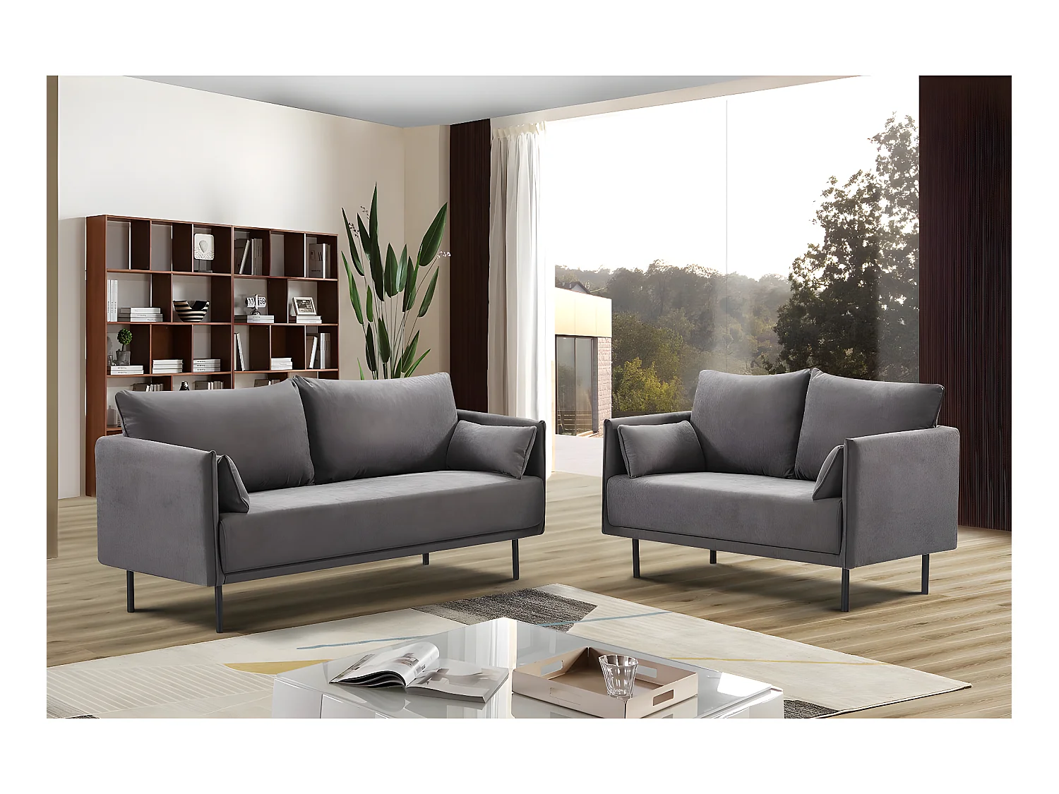 Sofá fixo em tecido "Rudy" estilo escandinavo, 2 lugares, cinza escuro