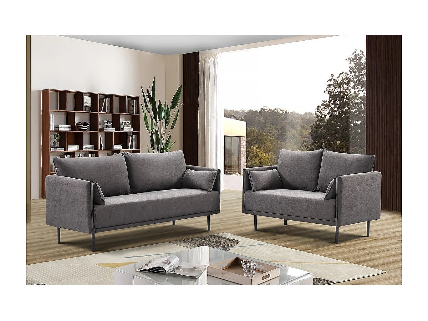 Canapé fixe tissu "Rudy" - 180.5 x 78 x 52 cm - 3 places - Gris foncé