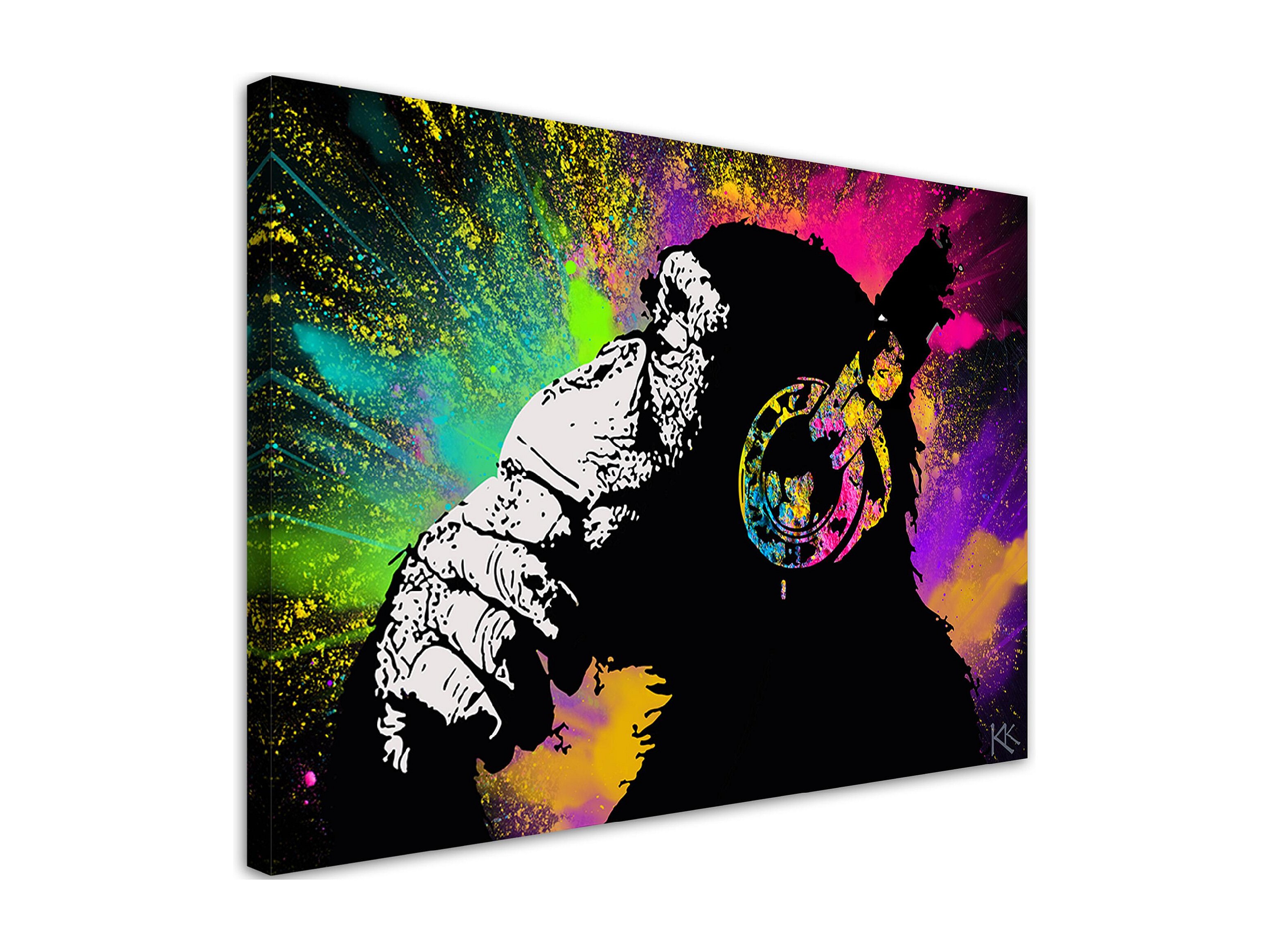 Quadro Banksy – Scimmia Colorata – Tela Stampata Con Cornice Profonda – Street Art