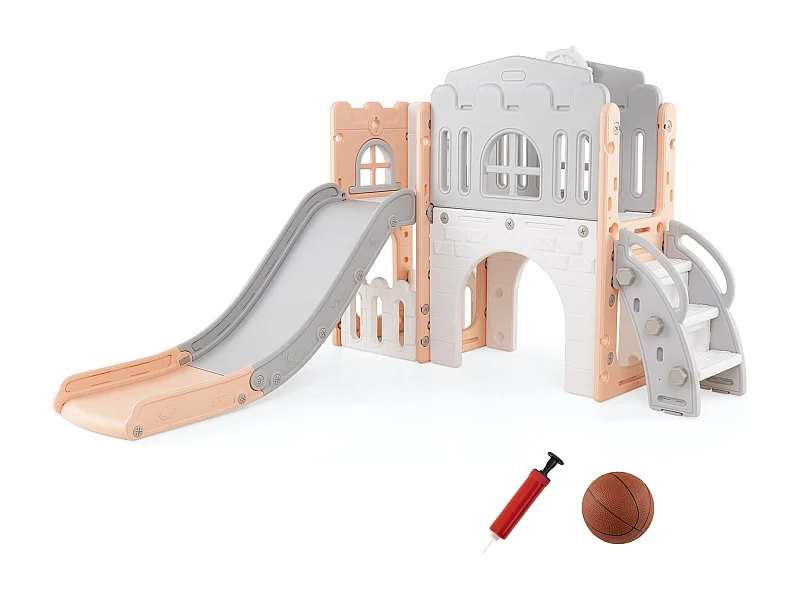 Scivolo per bambini 9 in 1 scivolo per bambini con canestro da basket Telaio di arrampicata Tunnel Telescopio e spazio di archiviazione Rosa+grigio