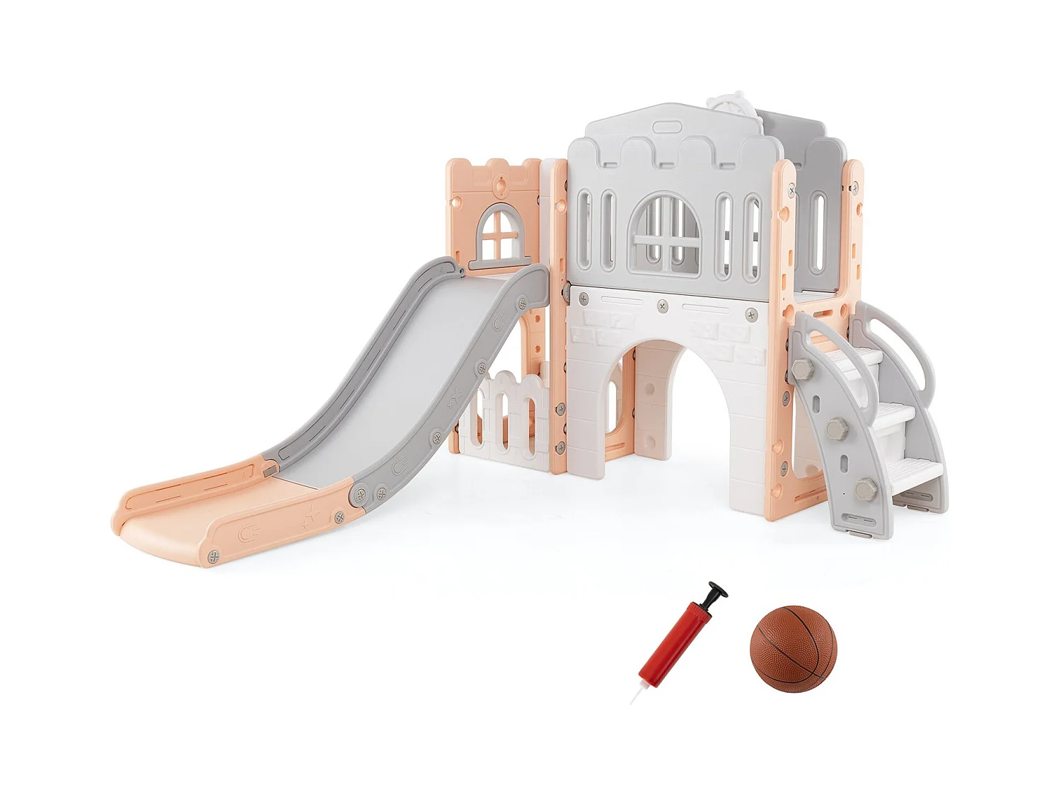 Scivolo per bambini 9 in 1 scivolo per bambini con canestro da basket Telaio di arrampicata Tunnel Telescopio e spazio di archiviazione Rosa+grigio