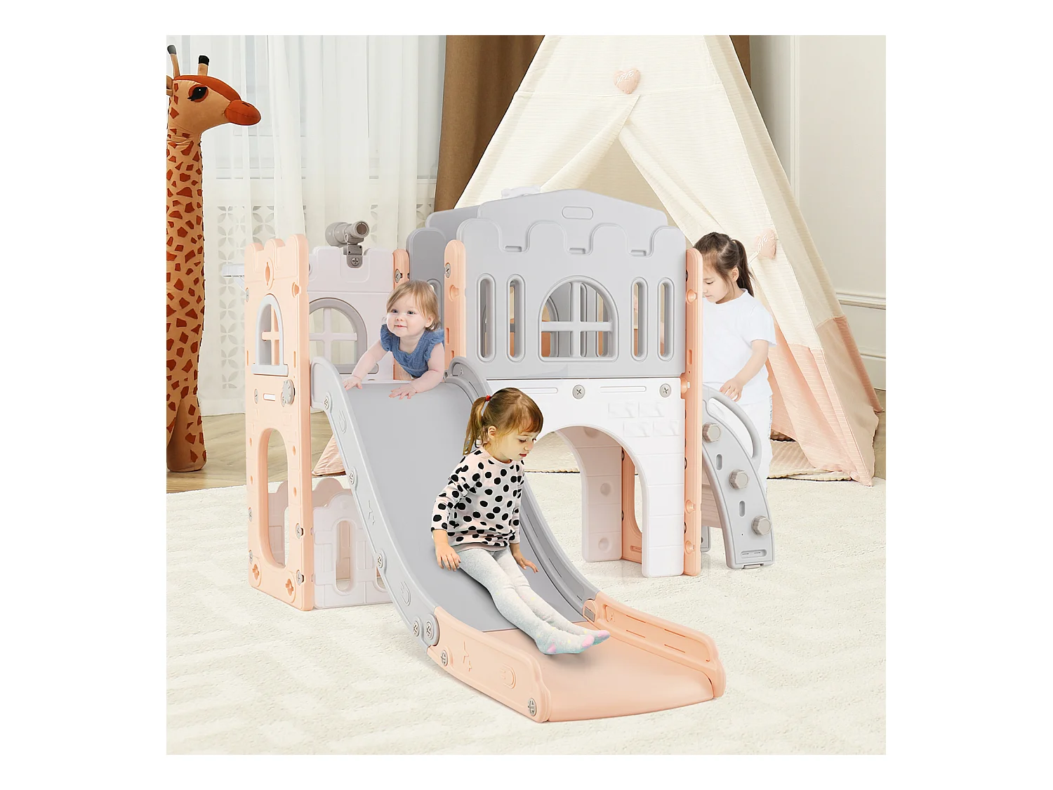 Scivolo per bambini 9 in 1 scivolo per bambini con canestro da basket Telaio di arrampicata Tunnel Telescopio e spazio di archiviazione Rosa+grigio