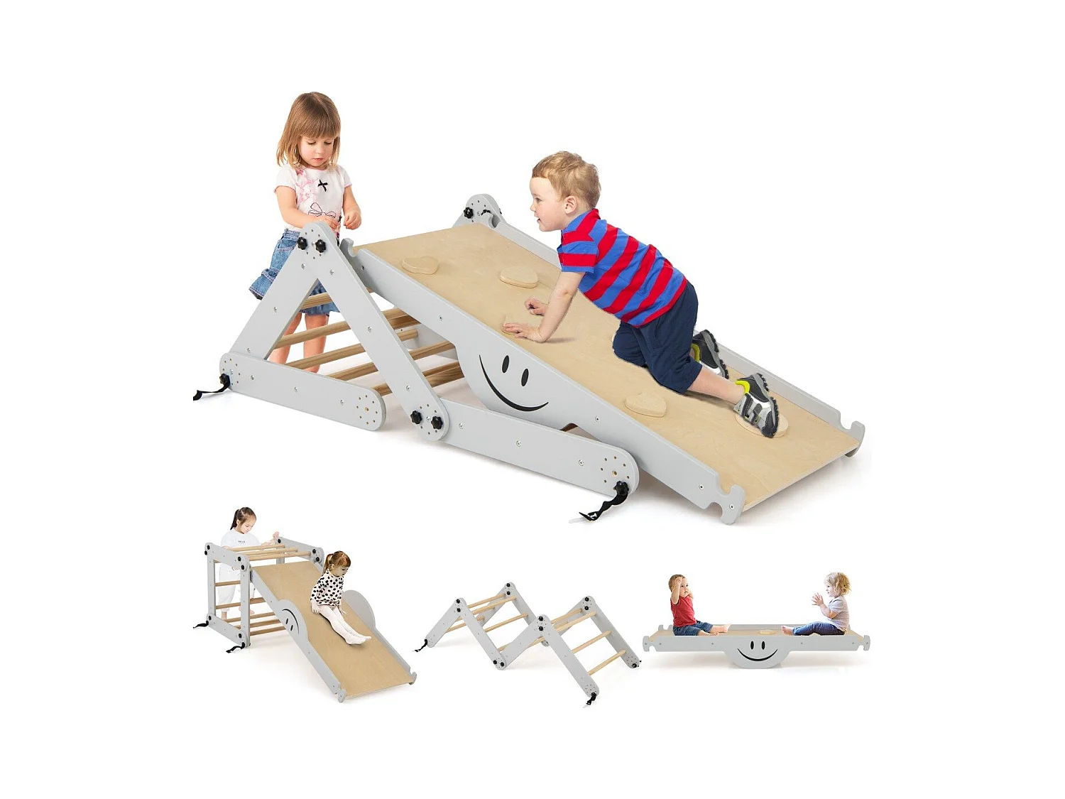 Set da arrampicata montessori per bambini, Giochi da arrampicata pieghevoli in legno con rampe regolabili Grigio