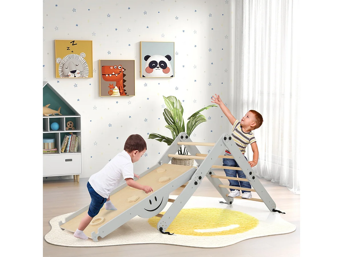 Ensemble d'Escalade Montessori pour Tout-petits Jouets d'Escalade Pliables en Bois Rampe Bascule Réglable et Réversible Rochers Gris