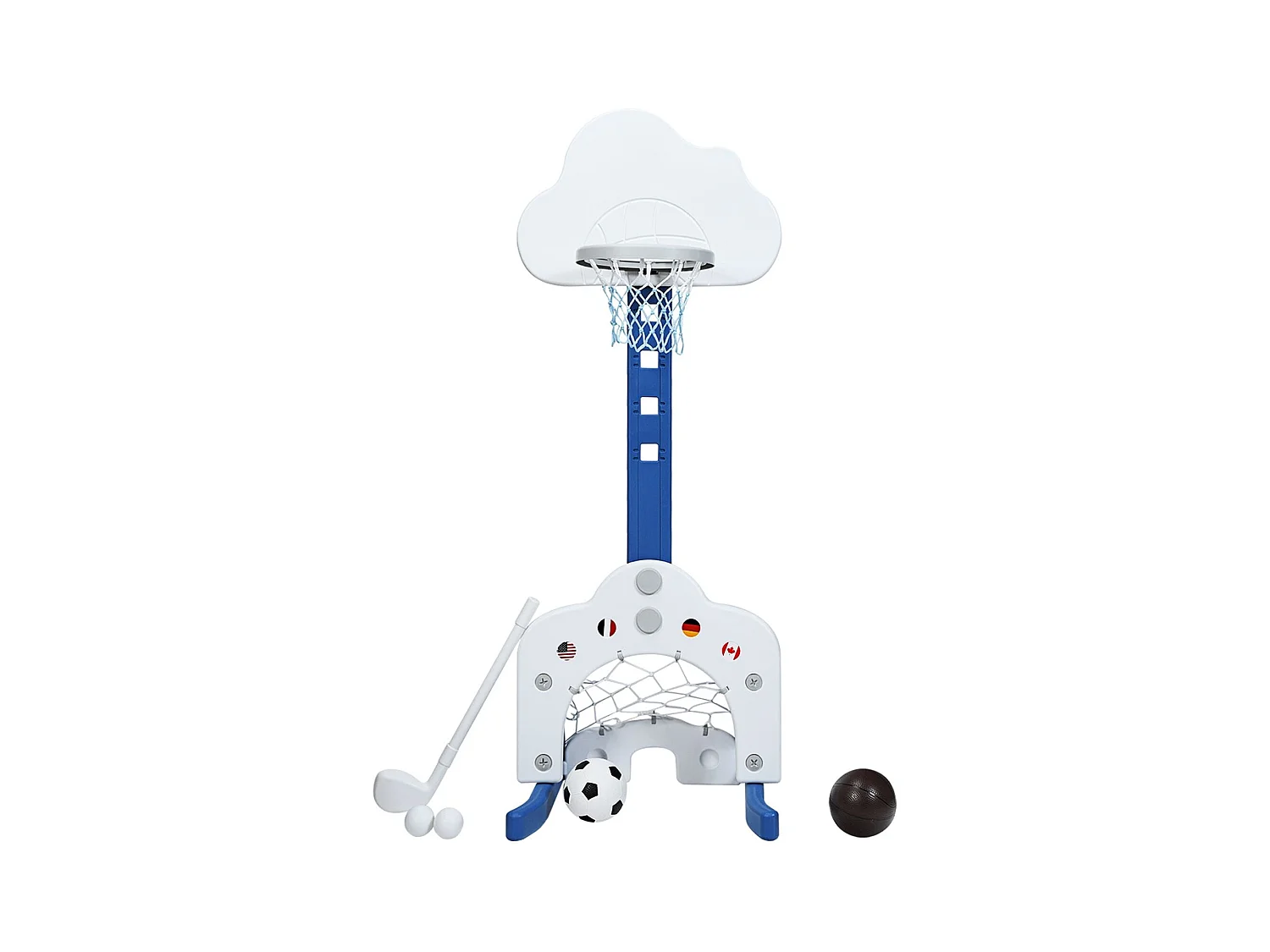 Canestro da basket 3 in 1 con 5 altezze regolabili, Canestro da basket e gioco del golf per bambini, Bianco