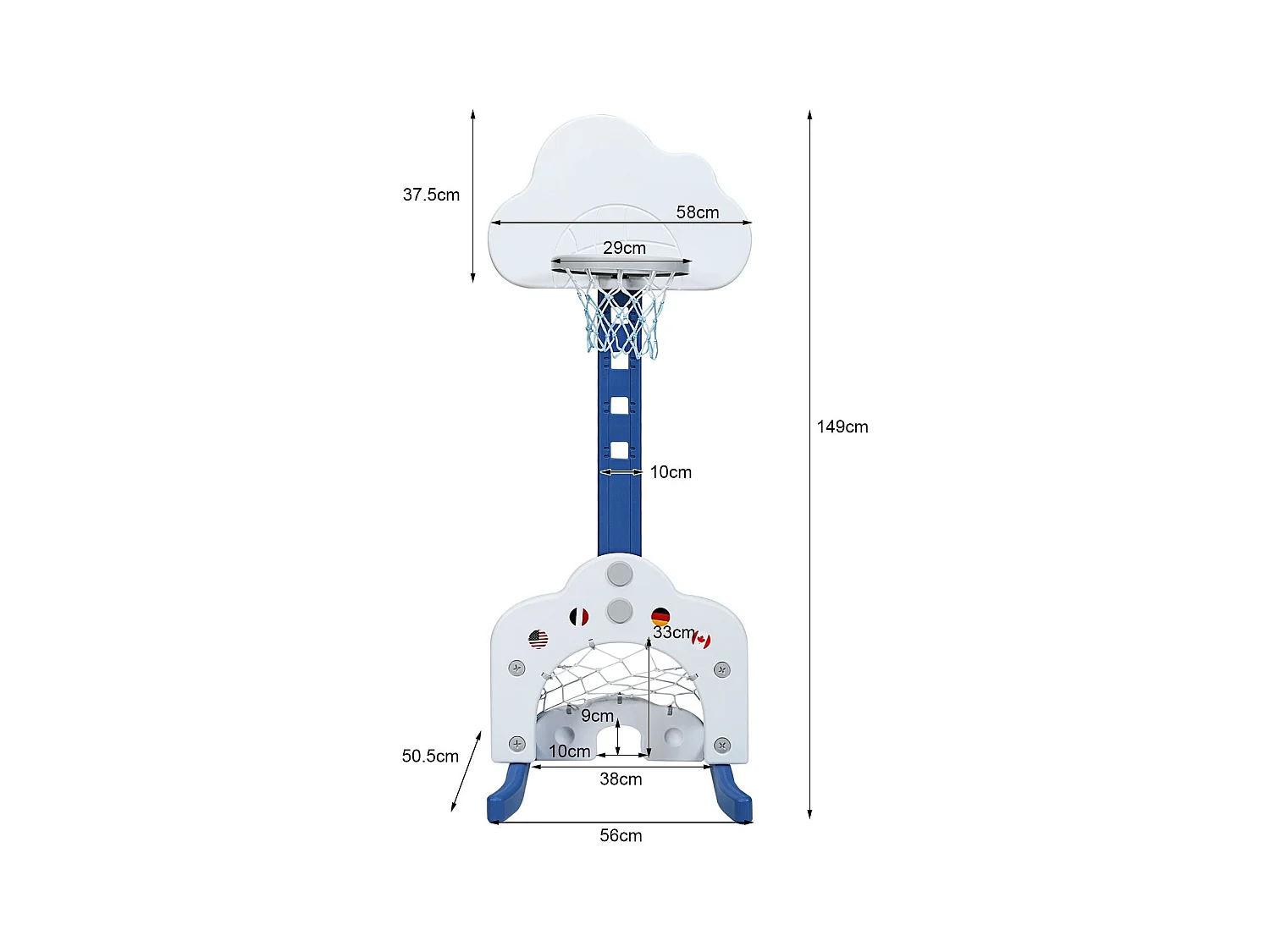 Canestro da basket 3 in 1 con 5 altezze regolabili, Canestro da basket e gioco del golf per bambini, Bianco
