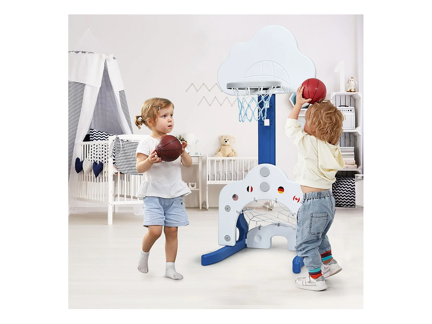 Canestro da basket 3 in 1 con 5 altezze regolabili, Canestro da basket e gioco del golf per bambini, Bianco