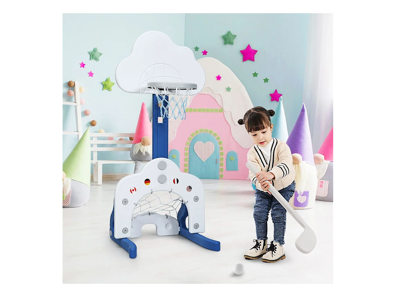 Canestro da basket 3 in 1 con 5 altezze regolabili, Canestro da basket e gioco del golf per bambini, Bianco