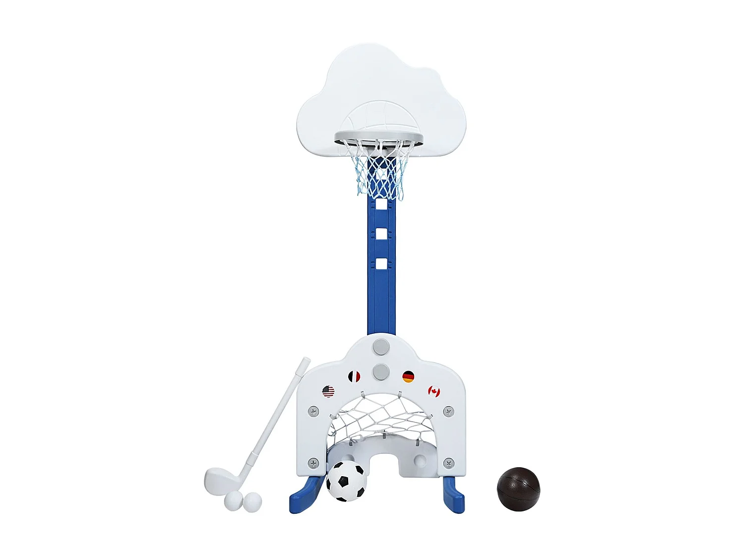 Support de Basket Multifonctionnel 3-en-1 Hauteur Ajustable du Panier de 77 à 116cm Bleu foncé et Blanc