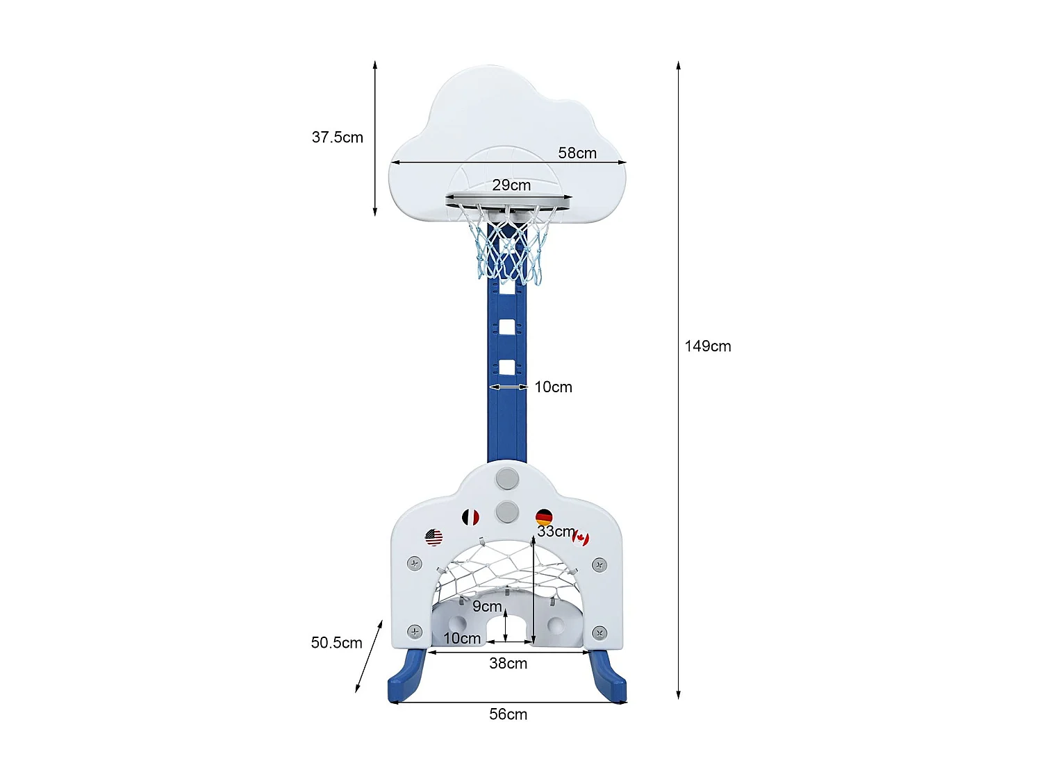 Support de Basket Multifonctionnel 3-en-1 Hauteur Ajustable du Panier de 77 à 116cm Bleu foncé et Blanc