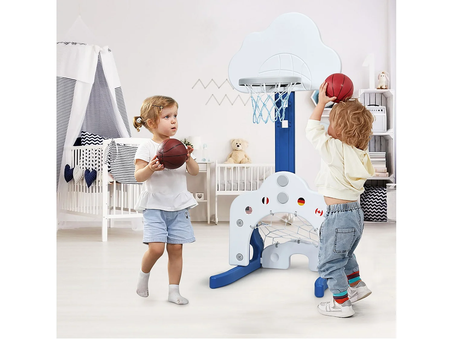 Support de Basket Multifonctionnel 3-en-1 Hauteur Ajustable du Panier de 77 à 116cm Bleu foncé et Blanc