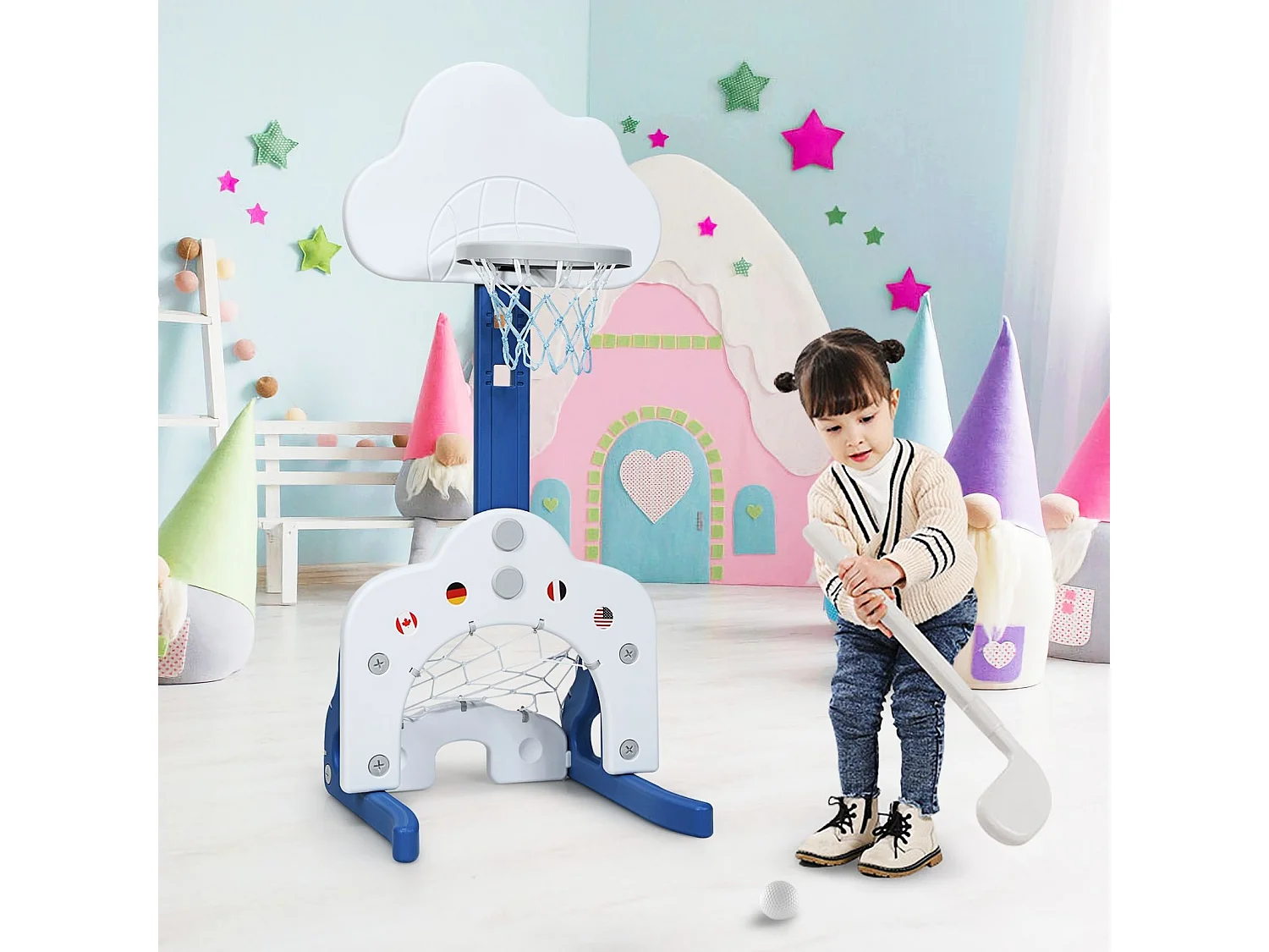 Support de Basket Multifonctionnel 3-en-1 Hauteur Ajustable du Panier de 77 à 116cm Bleu foncé et Blanc