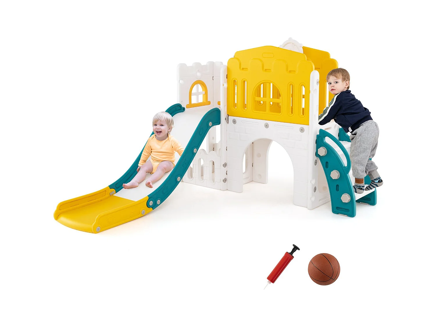 Scivolo per bambini 9 in 1 scivolo per bambini con canestro da basket Telaio di arrampicata Tunnel Telescopio e spazio di archiviazione Giallo+Verde