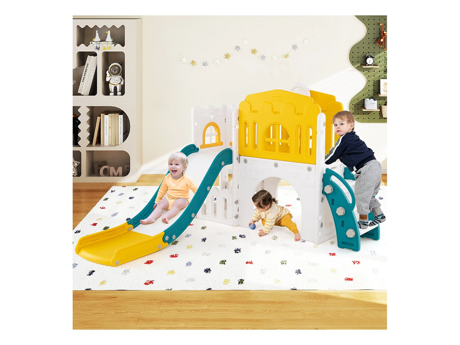 Scivolo per bambini 9 in 1 scivolo per bambini con canestro da basket Telaio di arrampicata Tunnel Telescopio e spazio di archiviazione Giallo+Verde