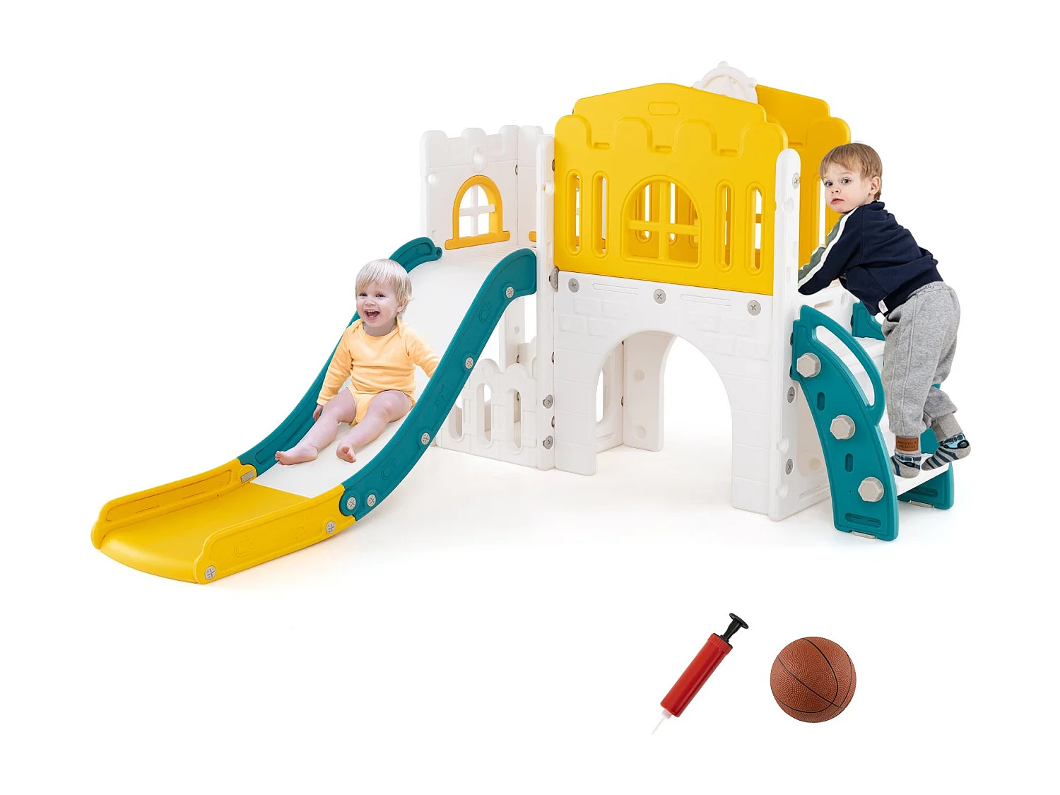 Scivolo per bambini 9 in 1 scivolo per bambini con canestro da basket Telaio di arrampicata Tunnel Telescopio e spazio di archiviazione Giallo+Verde