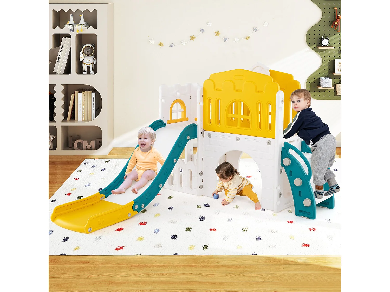 Scivolo per bambini 9 in 1 scivolo per bambini con canestro da basket Telaio di arrampicata Tunnel Telescopio e spazio di archiviazione Giallo+Verde