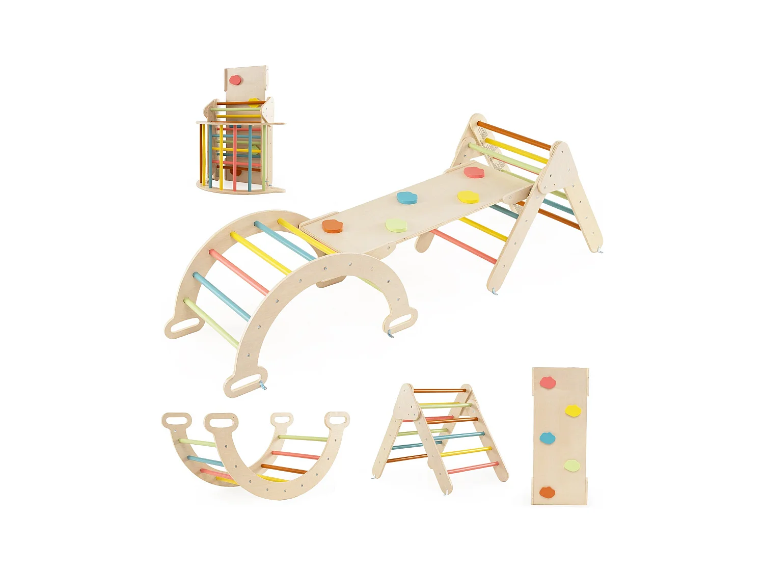 4 in 1 Kletterdreieck mit Rutsche & Kletterbogen & Doppelseitige Rampe Klettergerüst Macaron