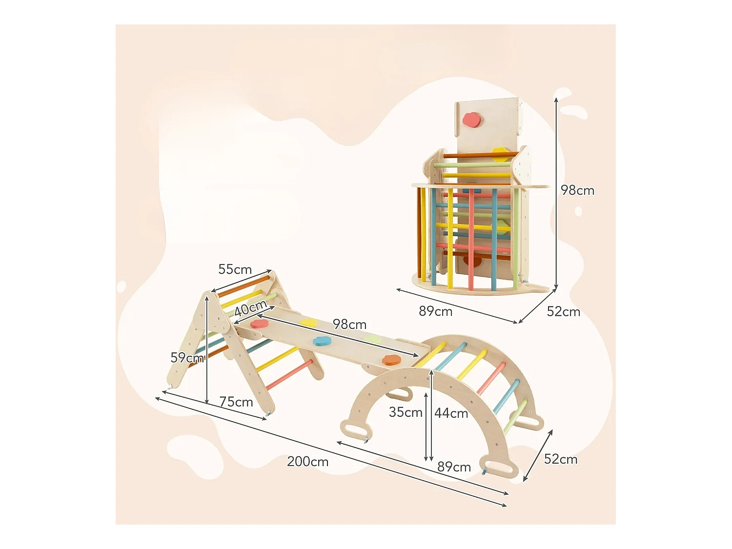 4 in 1 Kletterdreieck mit Rutsche & Kletterbogen & Doppelseitige Rampe Klettergerüst Macaron