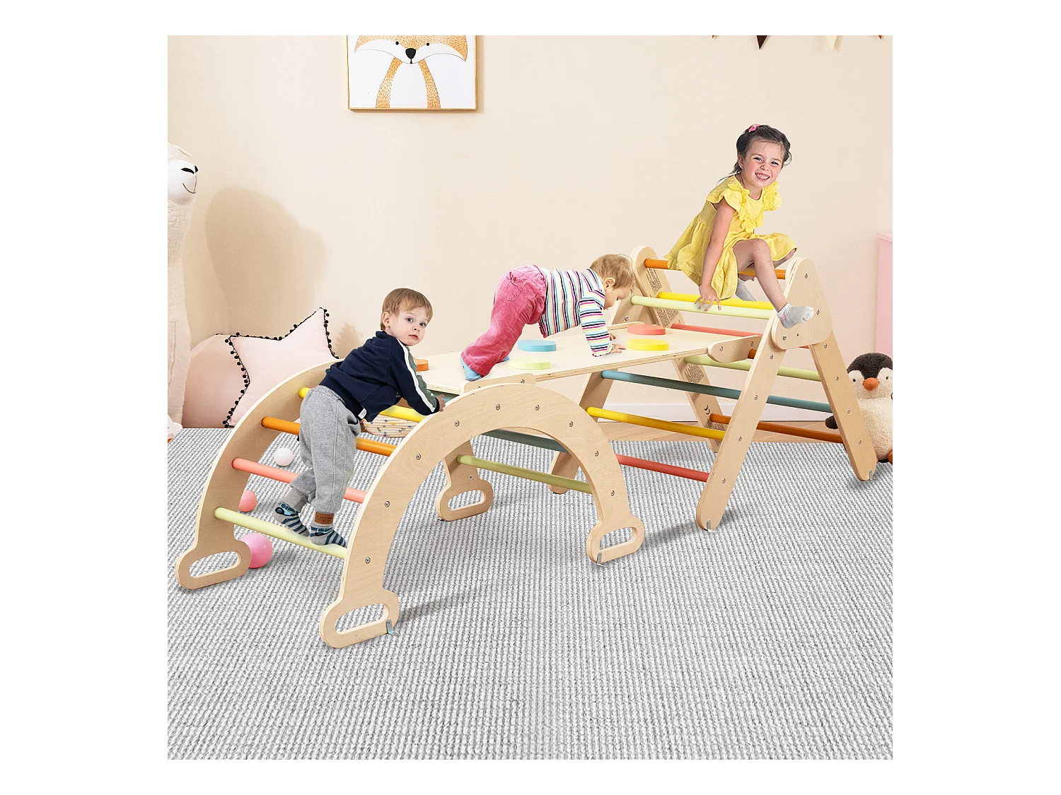 4 in 1 Kletterdreieck mit Rutsche & Kletterbogen & Doppelseitige Rampe Klettergerüst Macaron