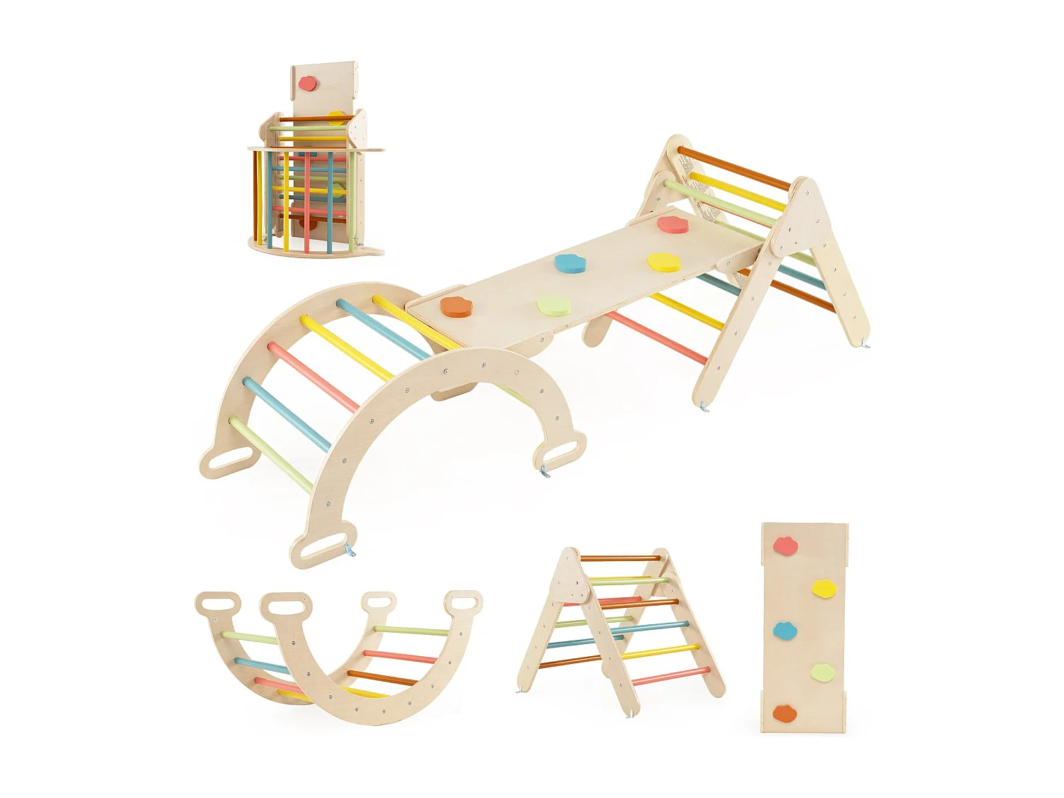 4 in 1 Kletterdreieck mit Rutsche & Kletterbogen & Doppelseitige Rampe Klettergerüst Macaron